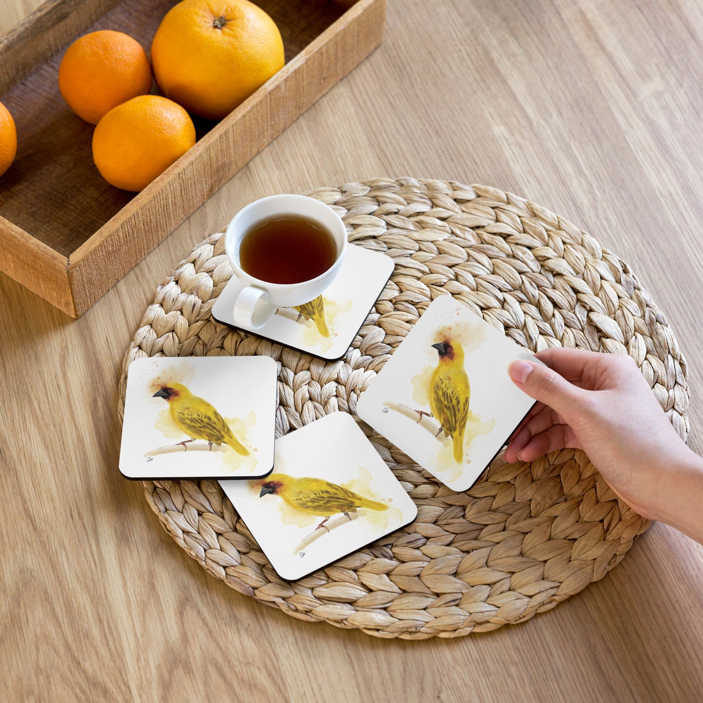 Ruppelle's Weaver Bird Watercolor Cork-back coaster