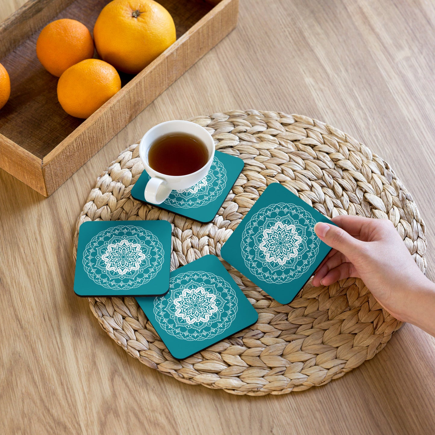Mandala in Teal Cork-back coaster