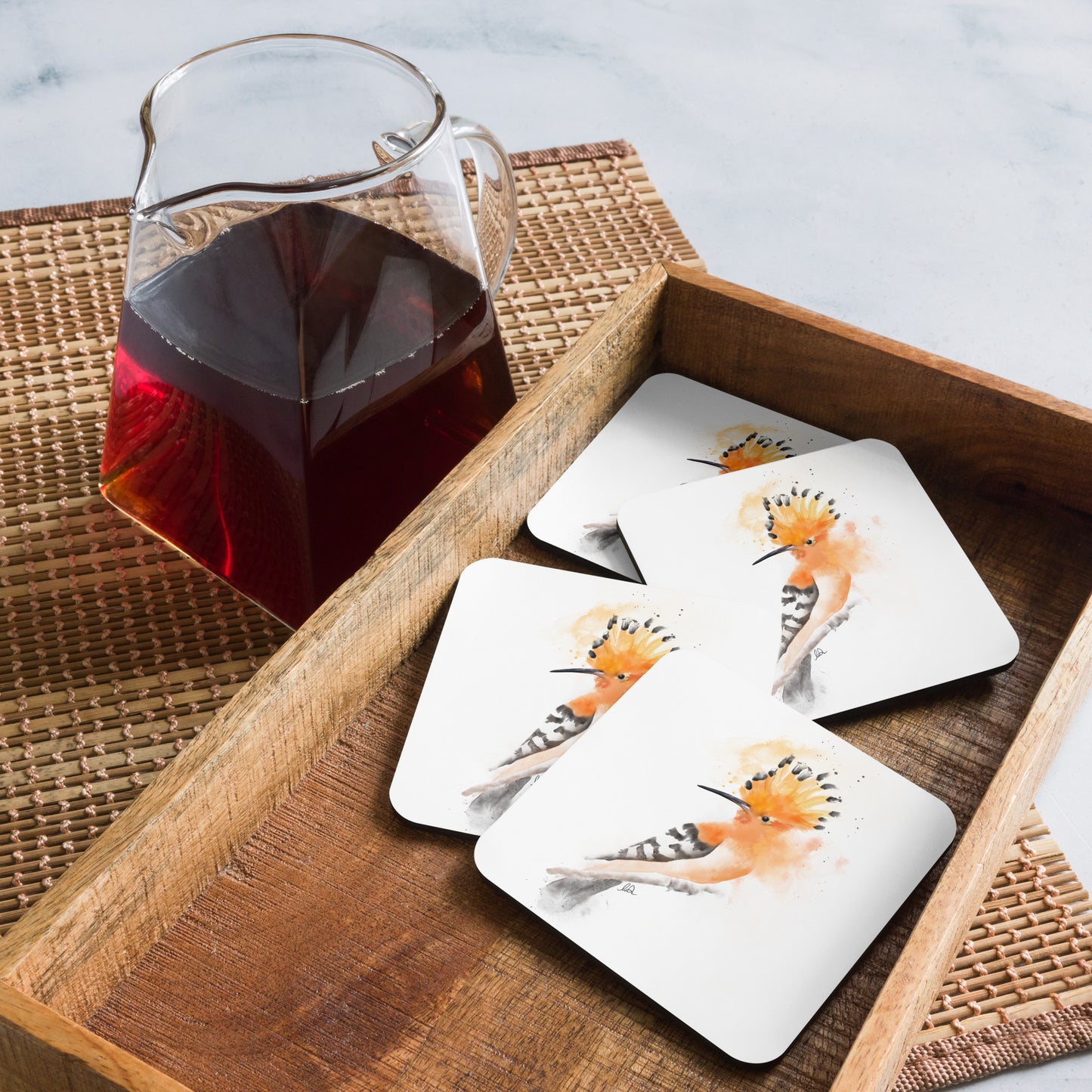 Hoopoe Bird Messy Watercolor Cork-back coaster