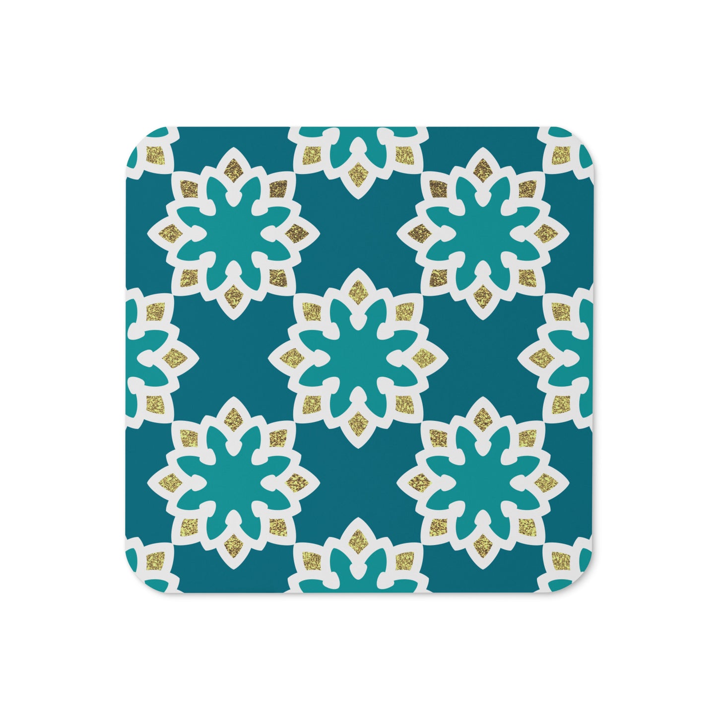 Arabesque flowers in Aqua and gold Cork-back coaster