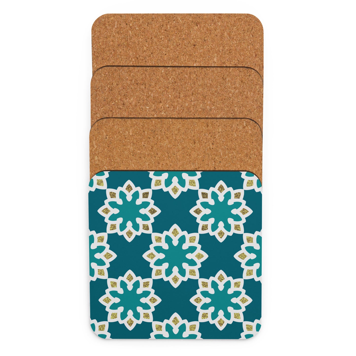 Arabesque flowers in Aqua and gold Cork-back coaster