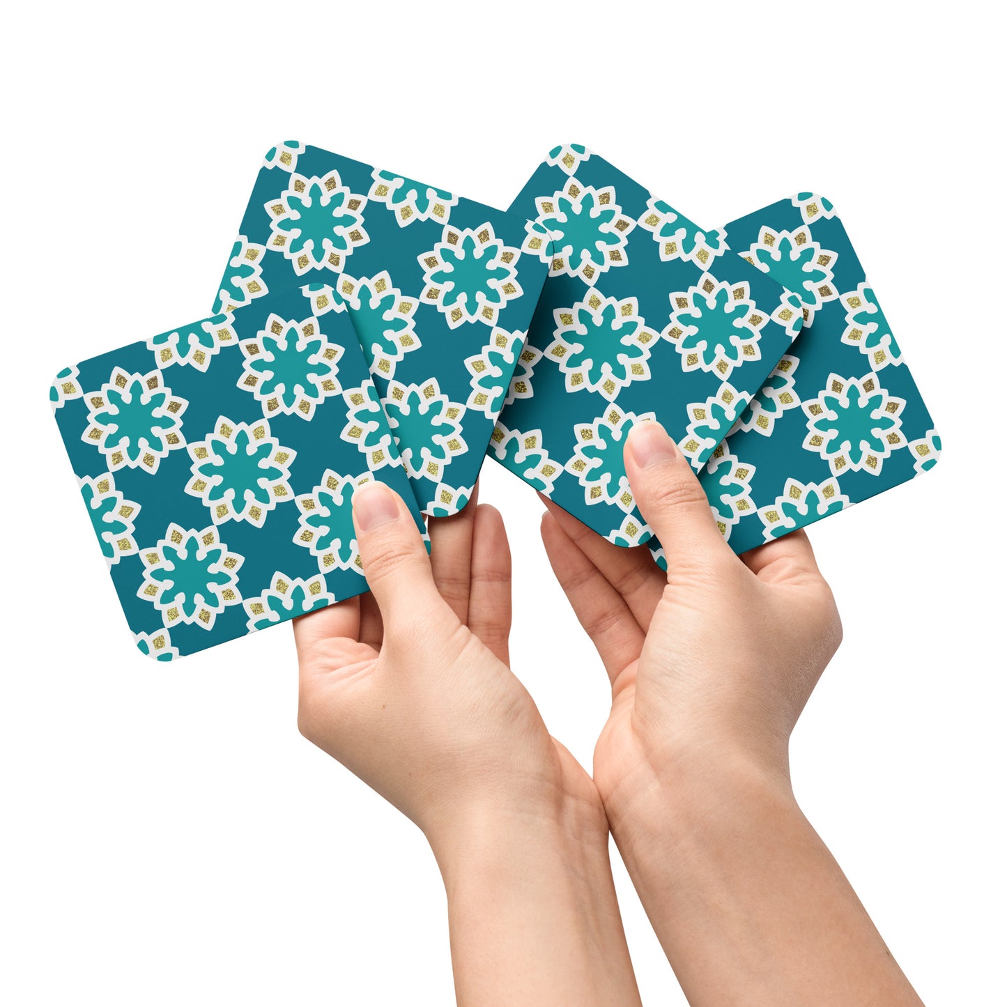 Arabesque flowers in Aqua and gold Cork-back coaster