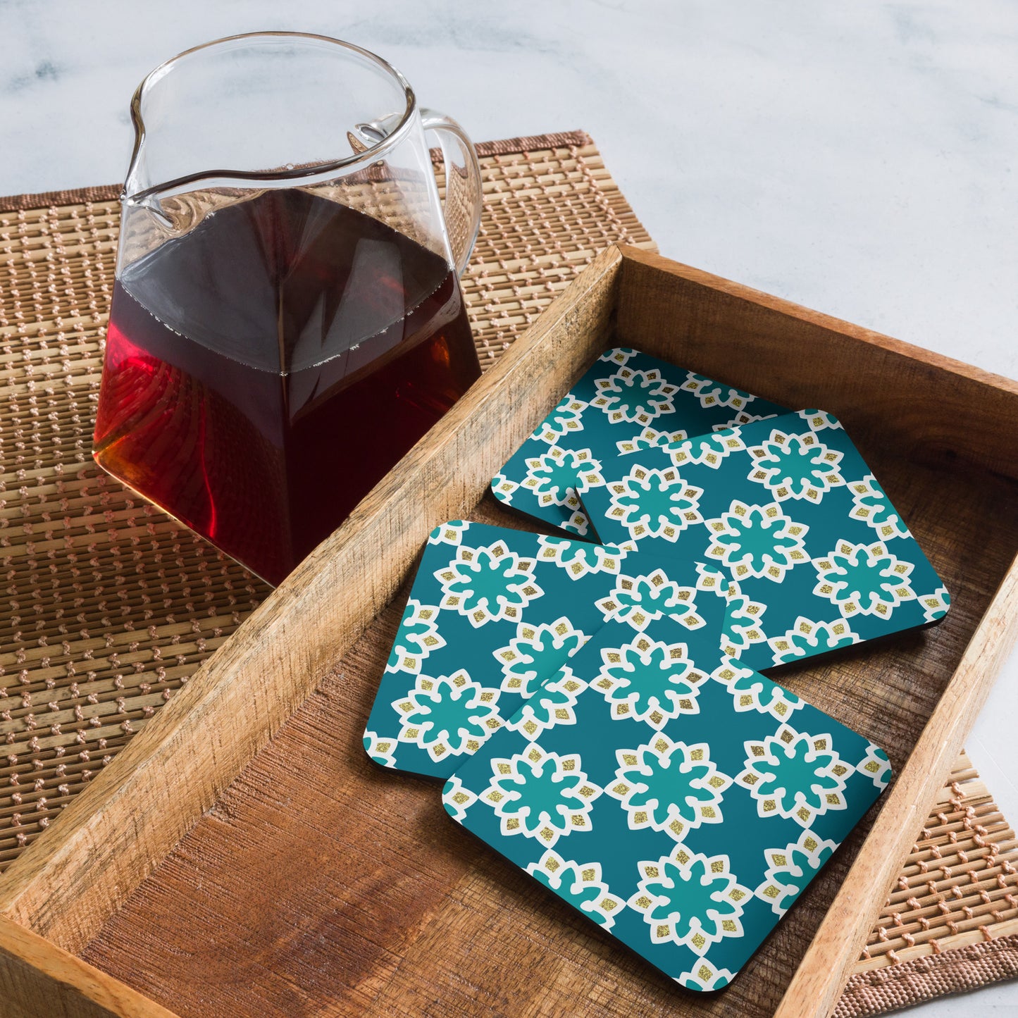 Arabesque flowers in Aqua and gold Cork-back coaster