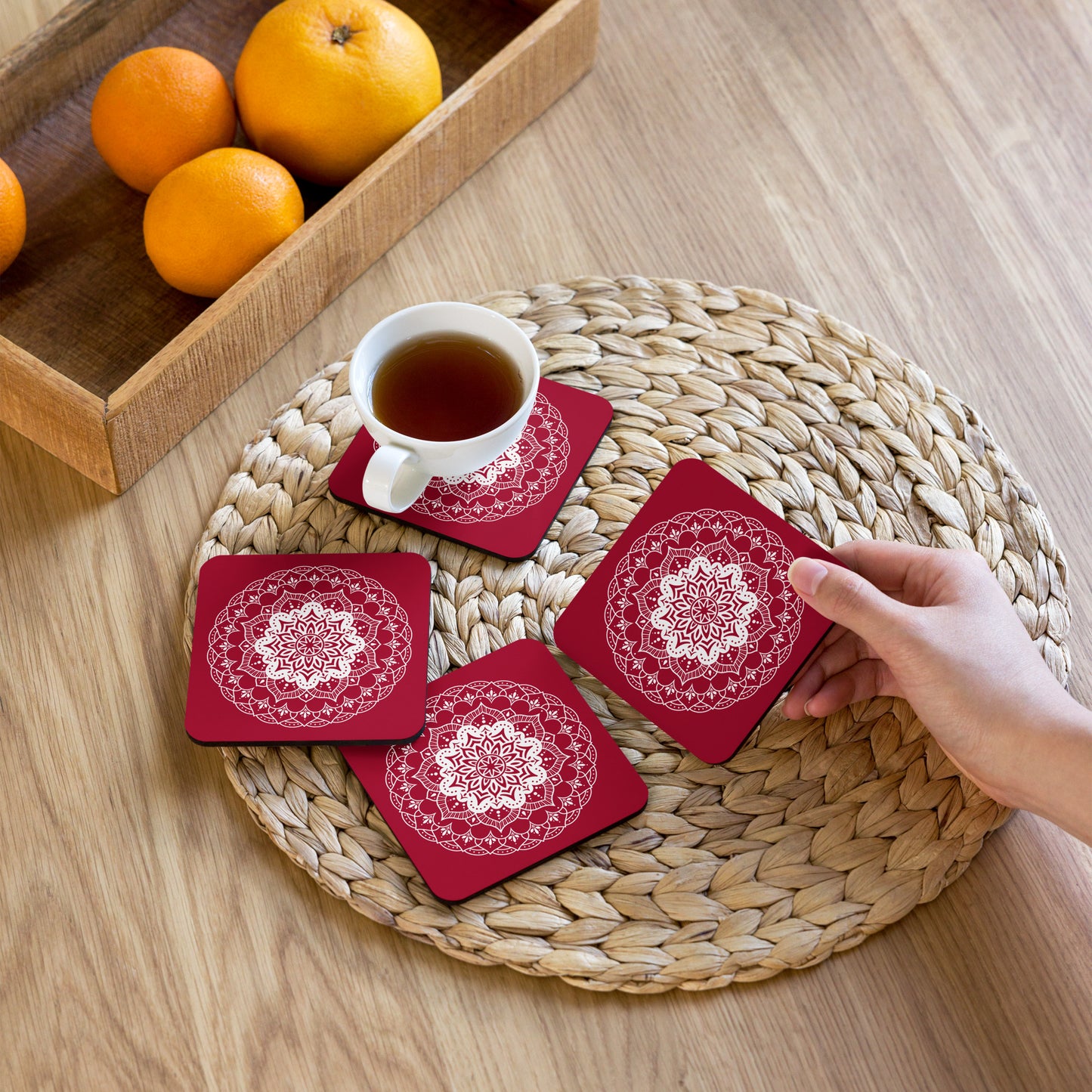 Mandala in Red Cork-back coaster