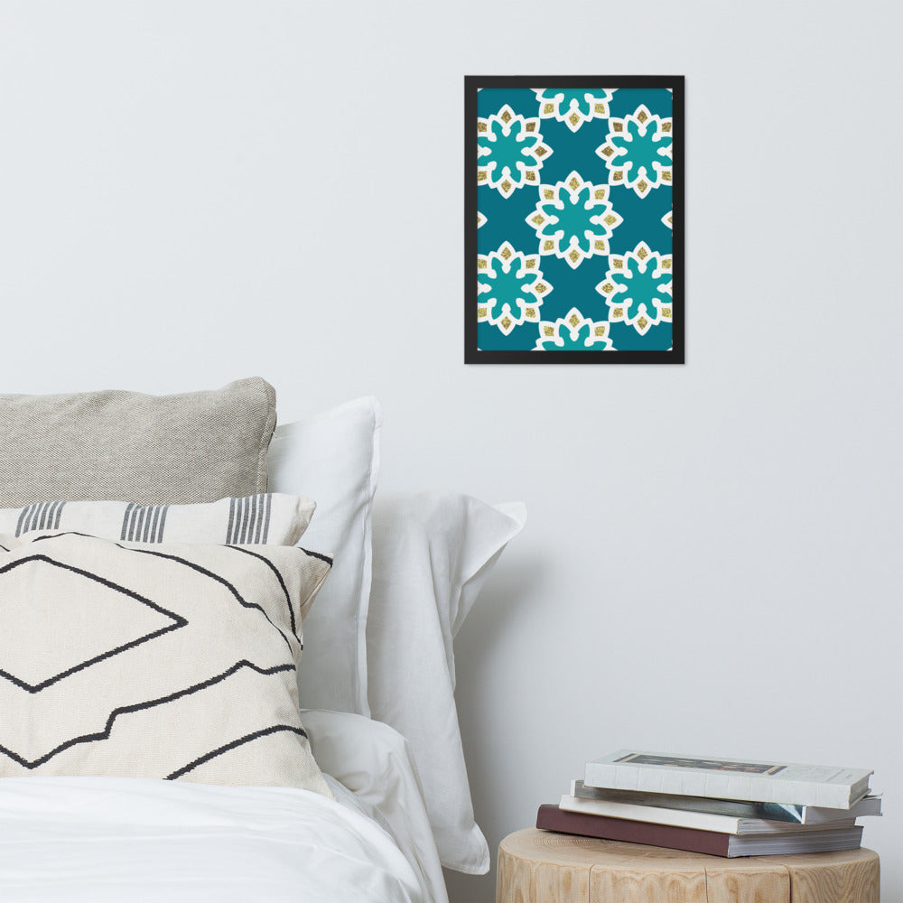 Framed matte paper poster - Arabesque Flowers in Aqua and Gold