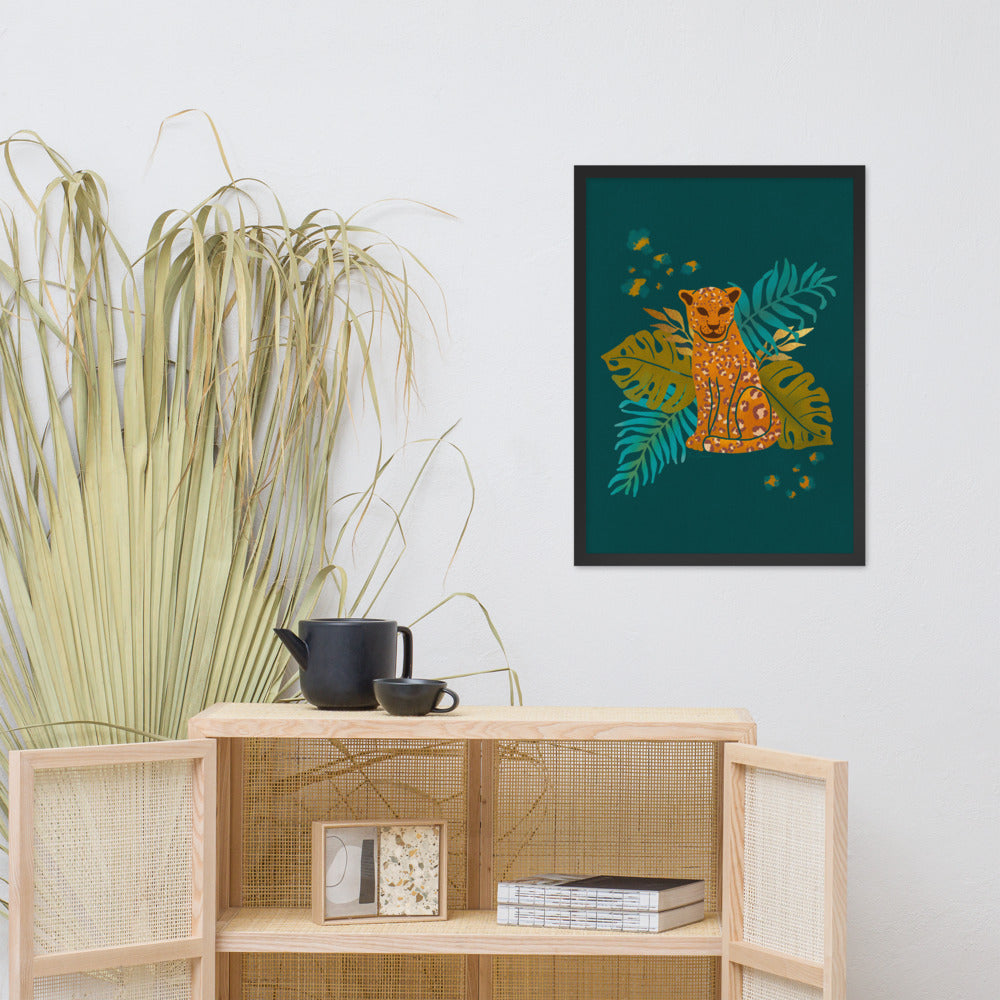 Framed matte paper poster - Arabian Wildlife - Arabian Leopard Teal and Orange
