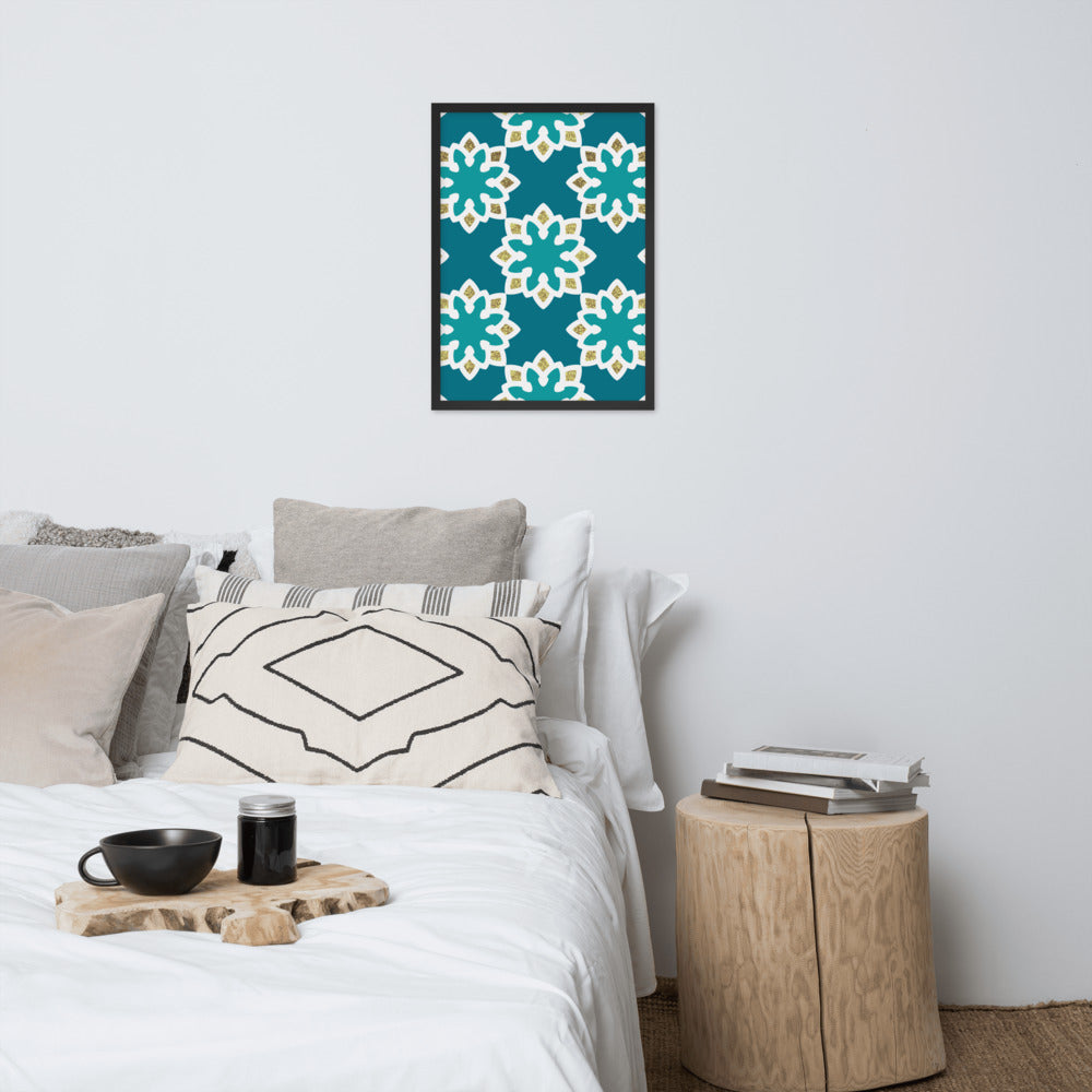 Framed matte paper poster - Arabesque Flowers in Aqua and Gold