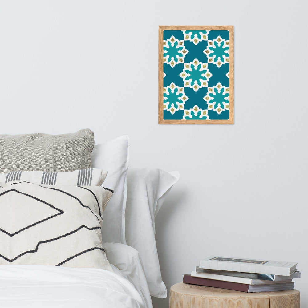 Framed matte paper poster - Arabesque Flowers in Aqua and Gold