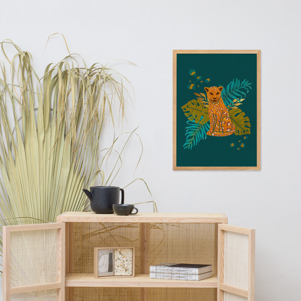 Framed matte paper poster - Arabian Wildlife - Arabian Leopard Teal and Orange
