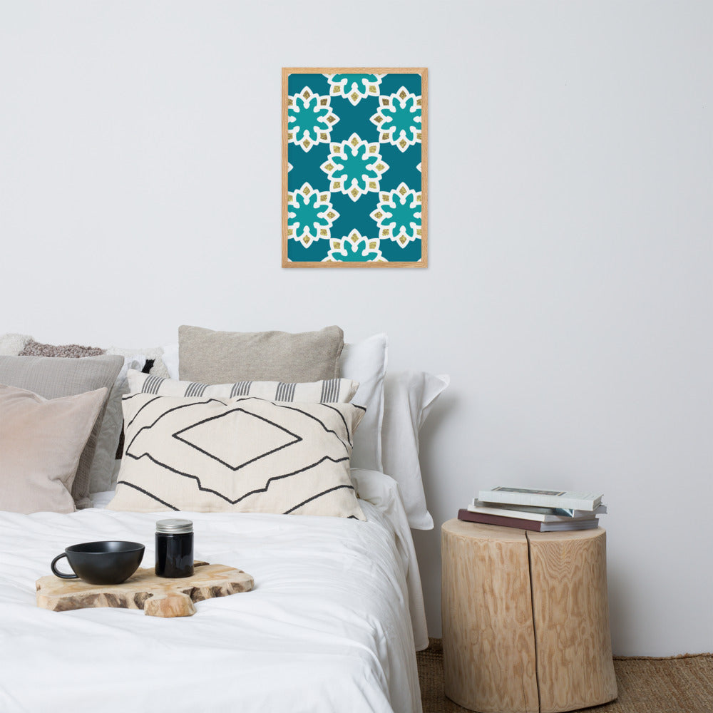 Framed matte paper poster - Arabesque Flowers in Aqua and Gold