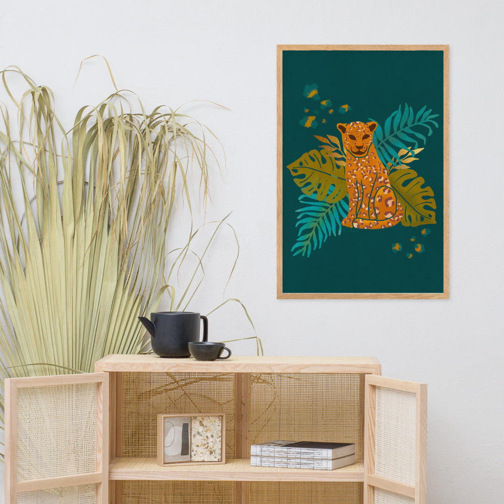 Framed matte paper poster - Arabian Wildlife - Arabian Leopard Teal and Orange