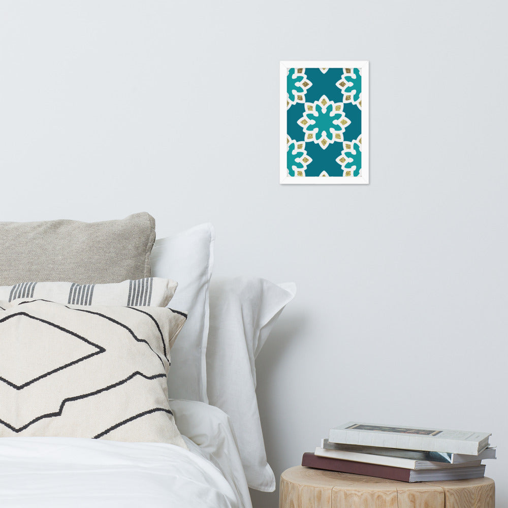 Framed matte paper poster - Arabesque Flowers in Aqua and Gold