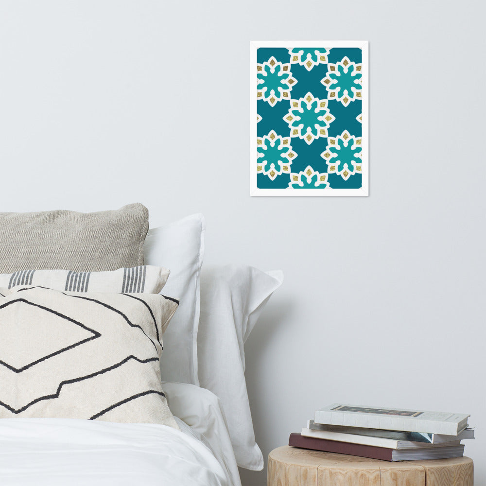 Framed matte paper poster - Arabesque Flowers in Aqua and Gold