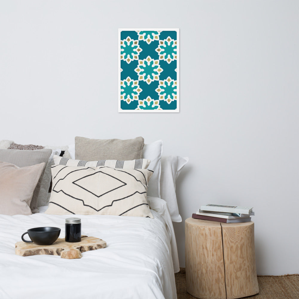 Framed matte paper poster - Arabesque Flowers in Aqua and Gold