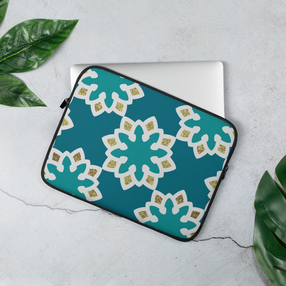 Laptop Sleeve - Arabesque Flowers in Aqua and Gold