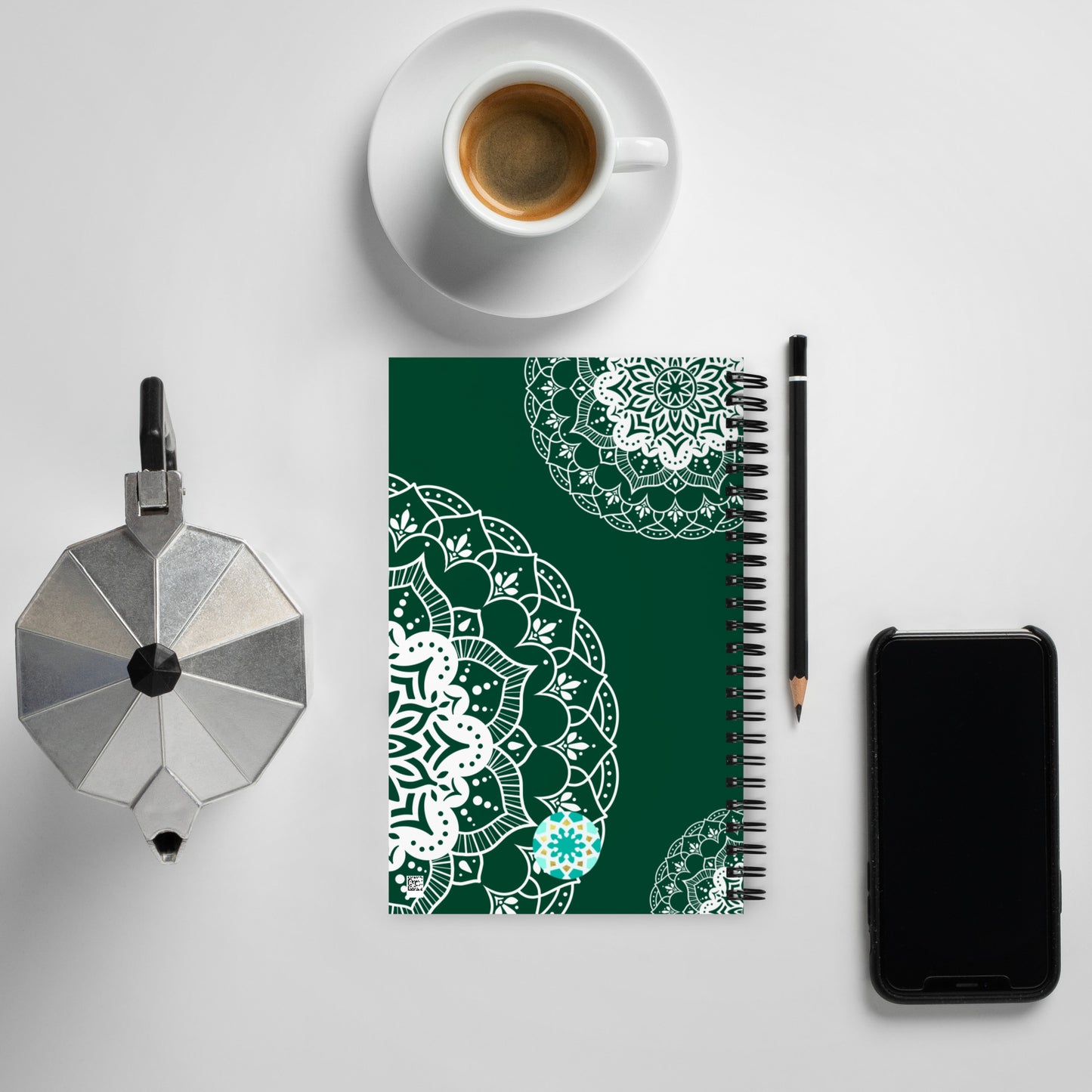 Saudi National Day Green and White Mandala notebook