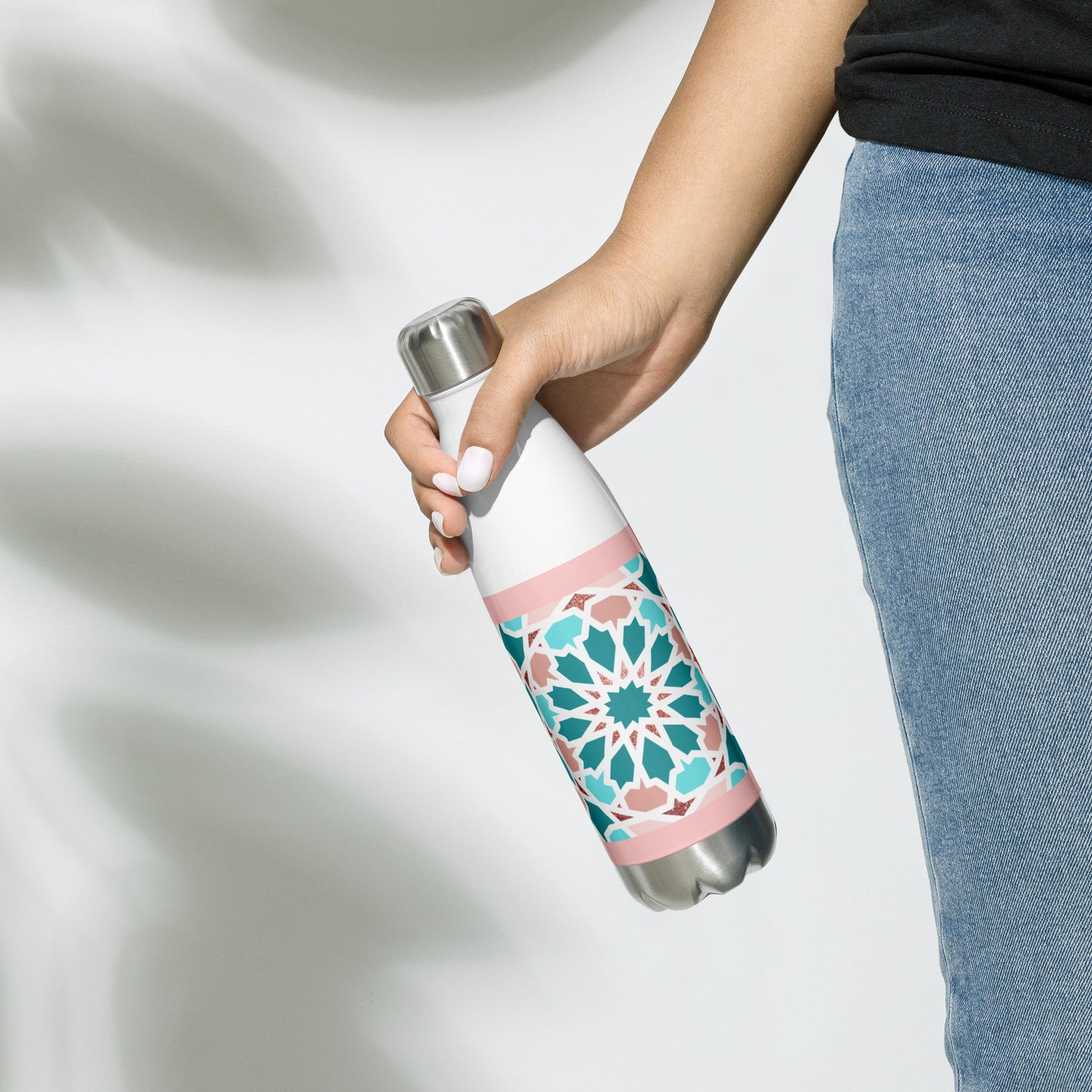 Stainless Steel Water Bottle - Arabian Geometric Pointed Star in Red Sea colors
