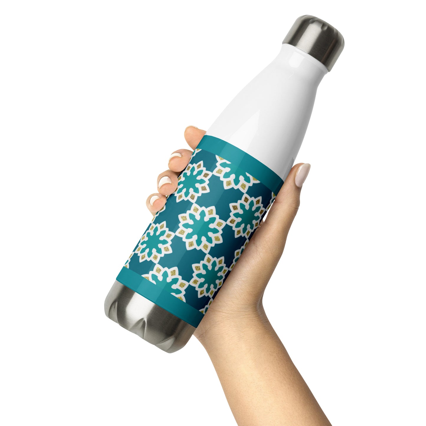 Stainless Steel Water Bottle - Arabesque Flower in Aqua and Gold