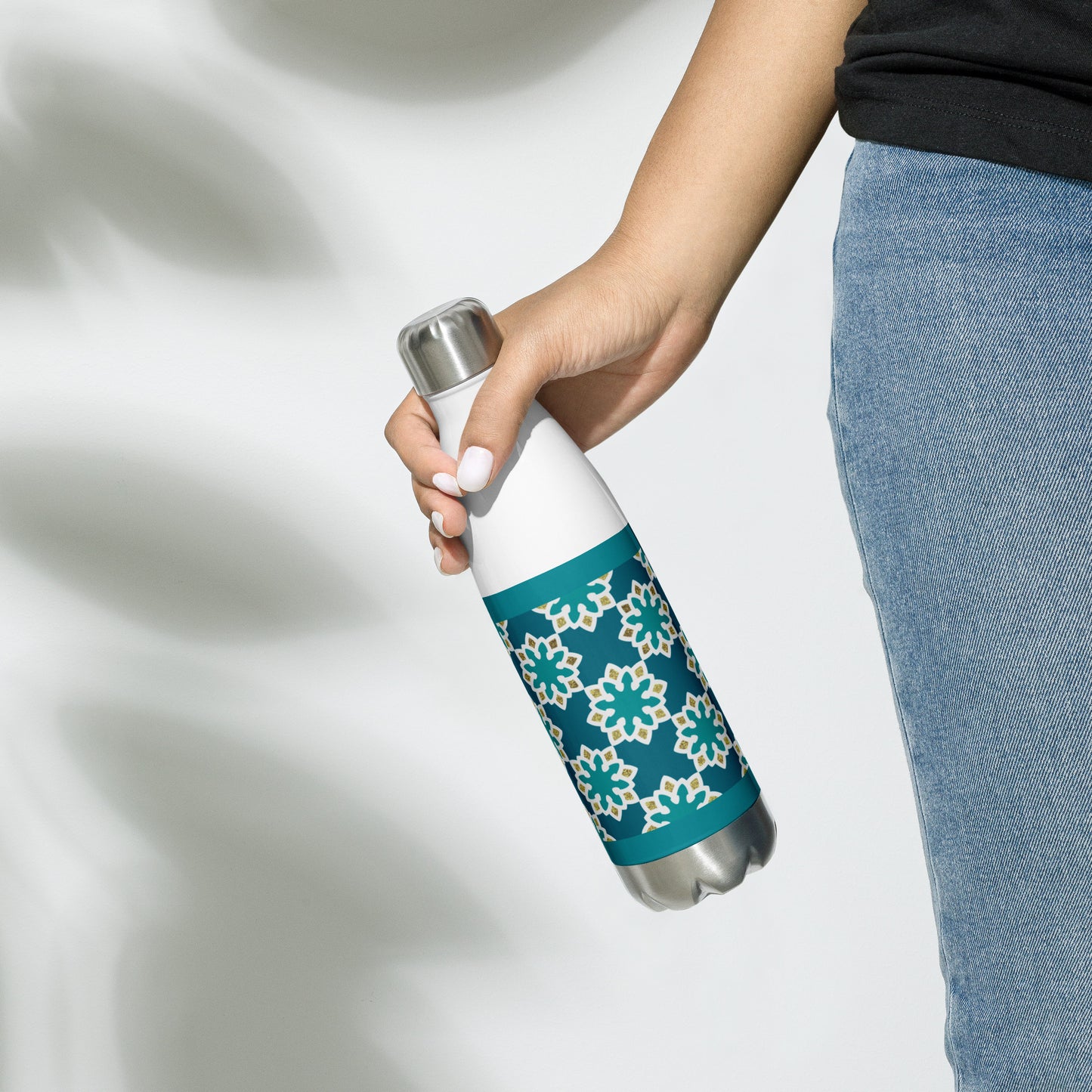 Stainless Steel Water Bottle - Arabesque Flower in Aqua and Gold