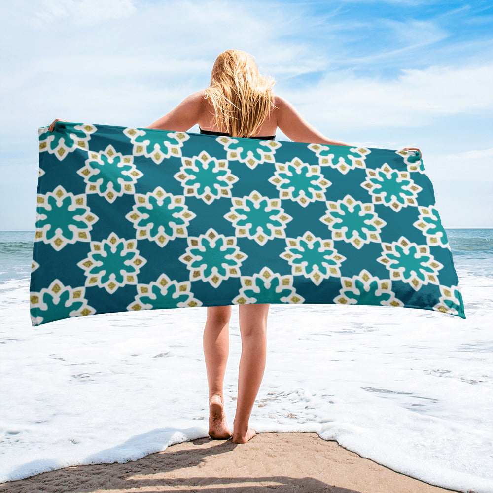 Towel - Arabesque Flowers in Aqua and Gold