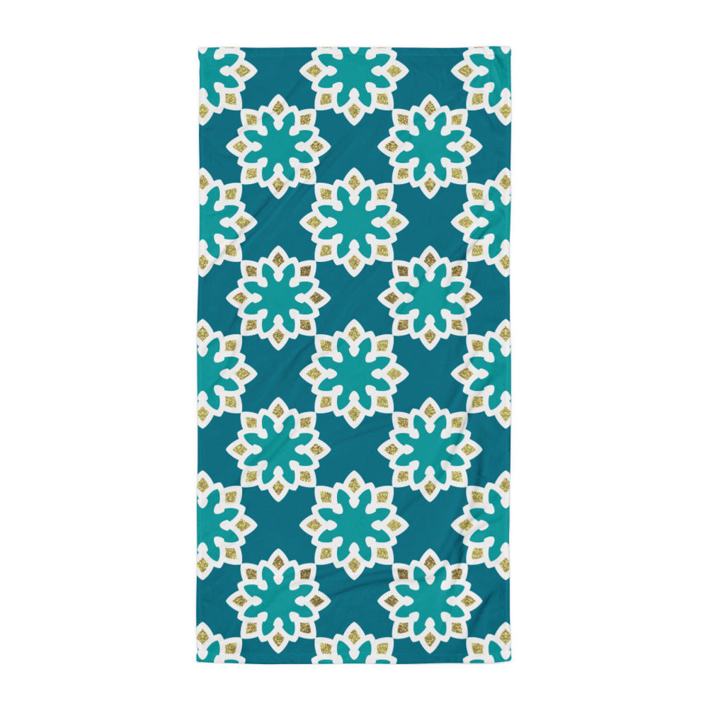 Towel - Arabesque Flowers in Aqua and Gold