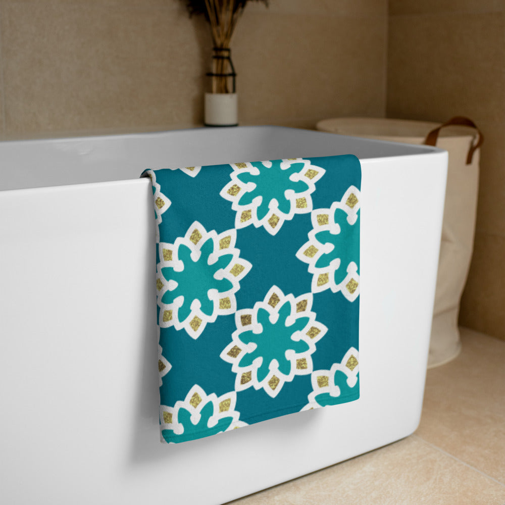 Towel - Arabesque Flowers in Aqua and Gold