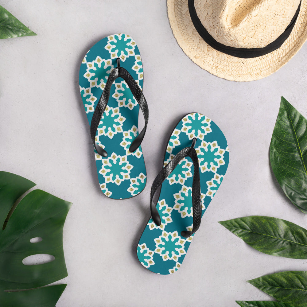 Flip-Flops - Arabesque Flowers in Aqua and Gold