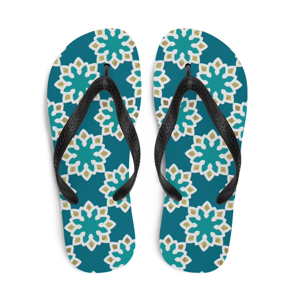 Flip-Flops - Arabesque Flowers in Aqua and Gold
