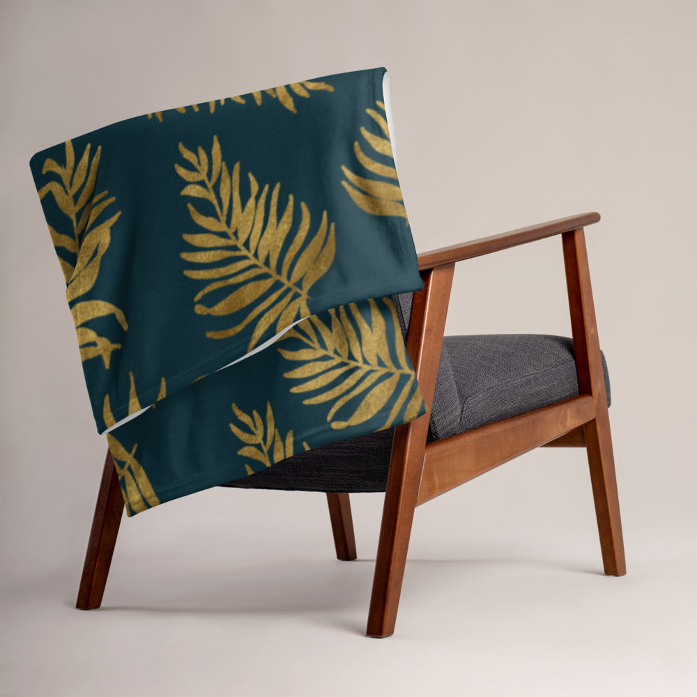 Throw Blanket - Palm Leaves in Gold and Teal