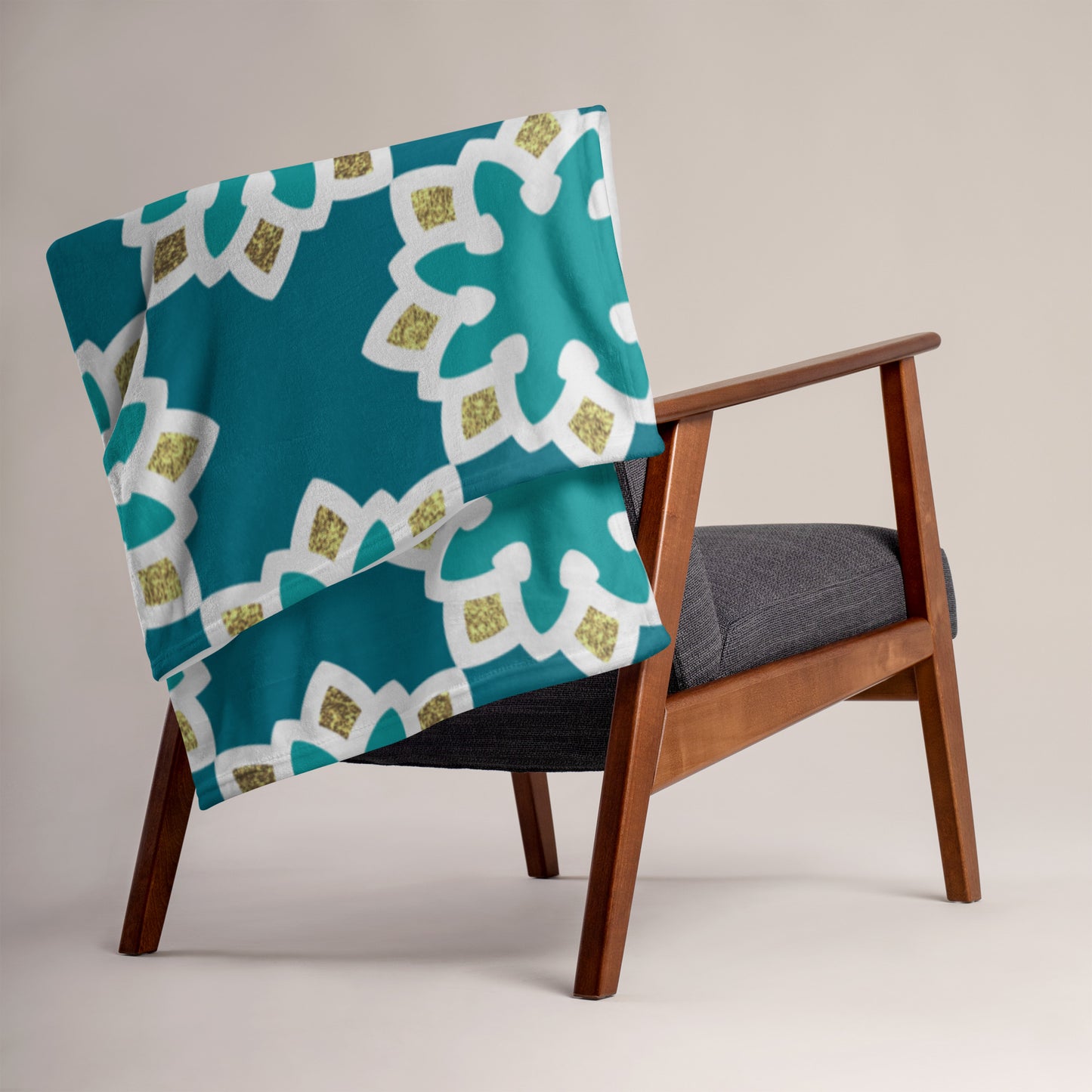Throw Blanket - Arabesque Flowers in Aqua And Gold
