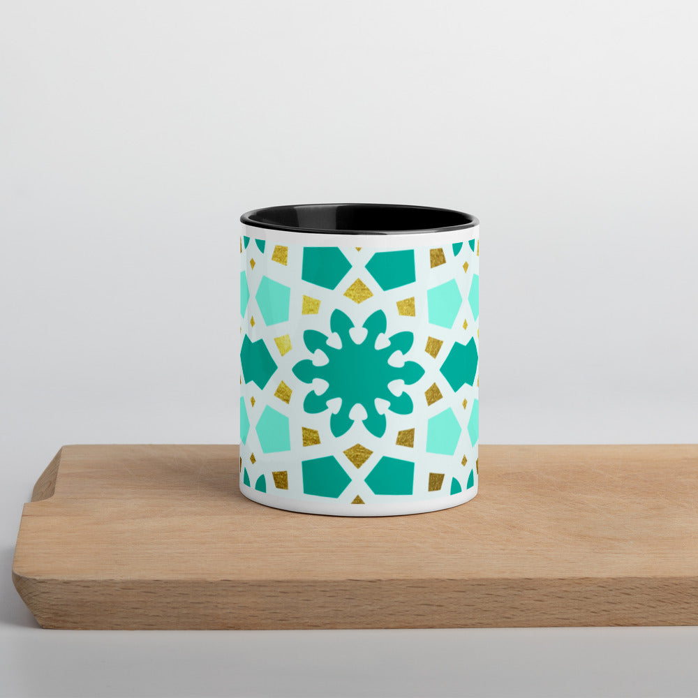 Mug with Color Inside - Geometric Arabesque Pattern in Mint and Gold