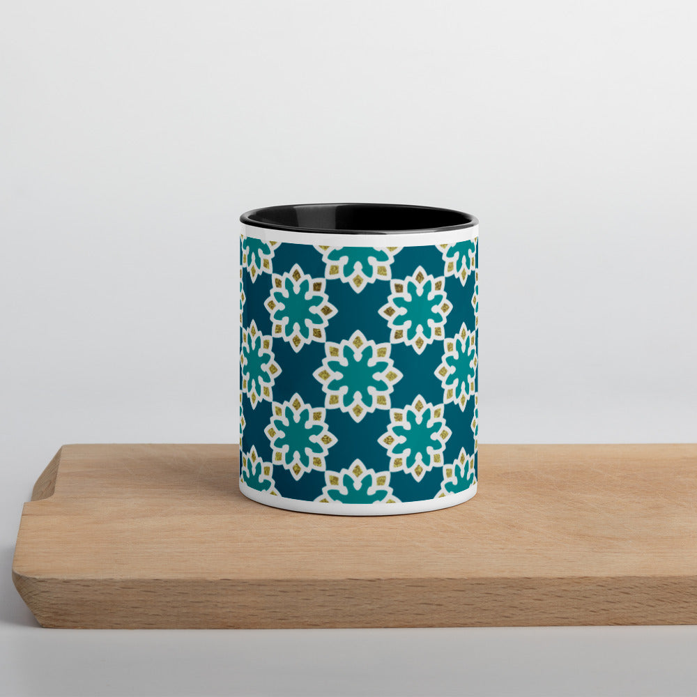Mug with Color Inside - Arabesque Flowers in Aqua and Gold