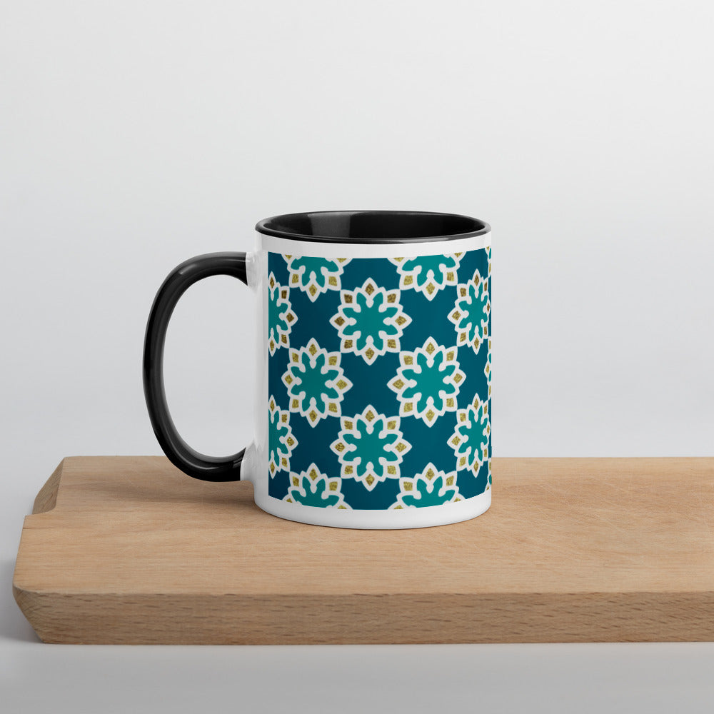 Mug with Color Inside - Arabesque Flowers in Aqua and Gold
