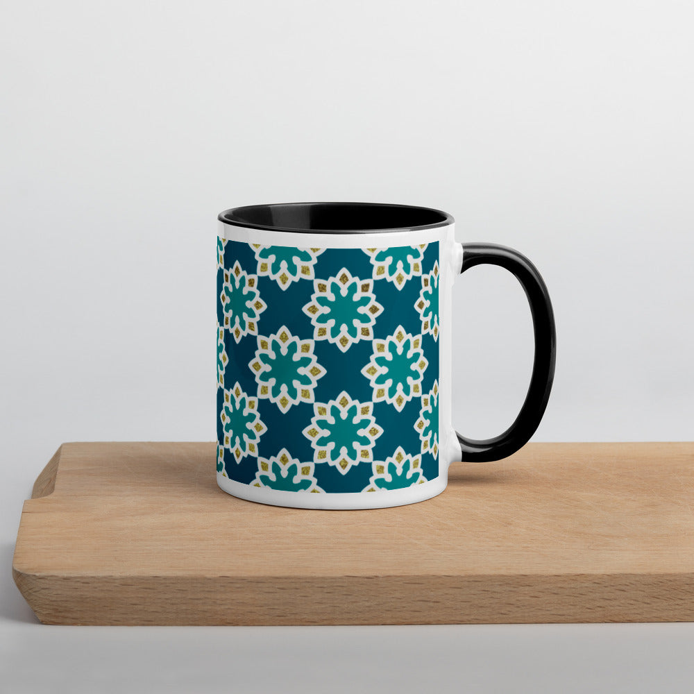 Mug with Color Inside - Arabesque Flowers in Aqua and Gold