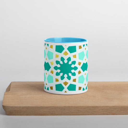 Mug with Color Inside - Geometric Arabesque Pattern in Mint and Gold