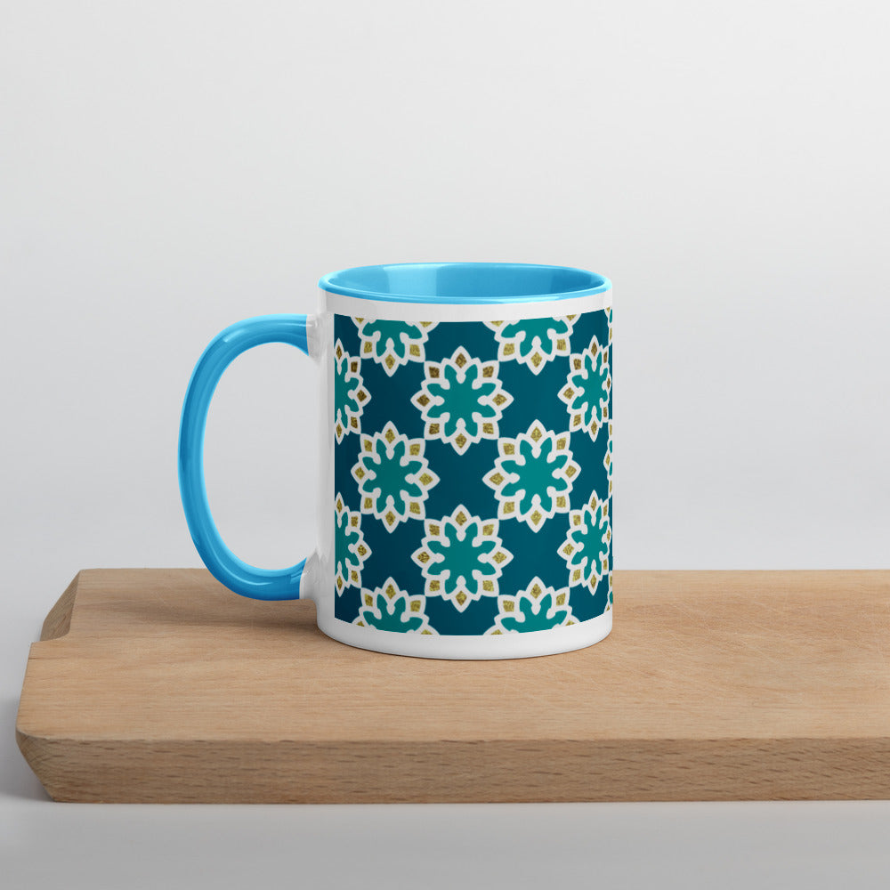 Mug with Color Inside - Arabesque Flowers in Aqua and Gold