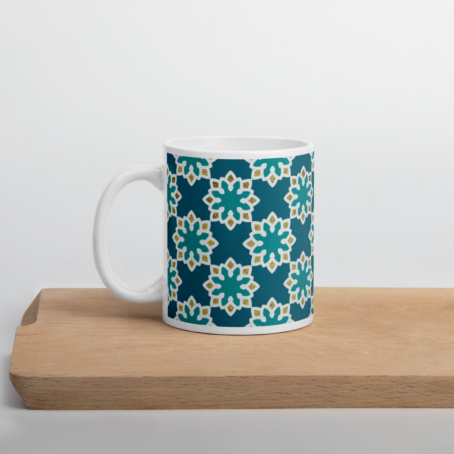 White glossy mug - Arabesque Flower in Aqua and Gold