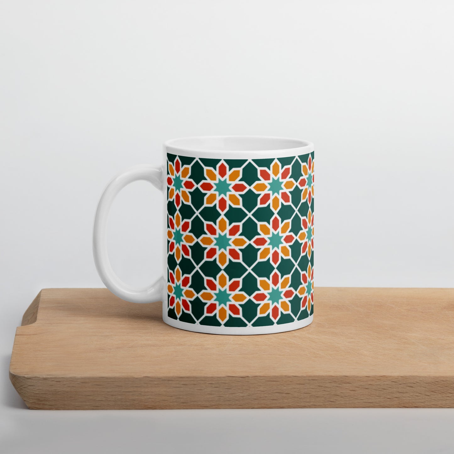 White glossy mug - Geometric Desert Daisy in Green