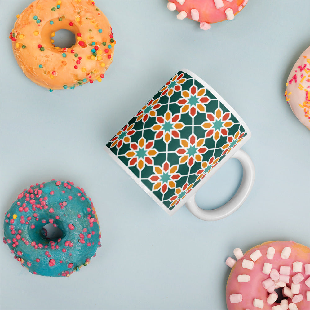 White glossy mug - Geometric Desert Daisy in Green