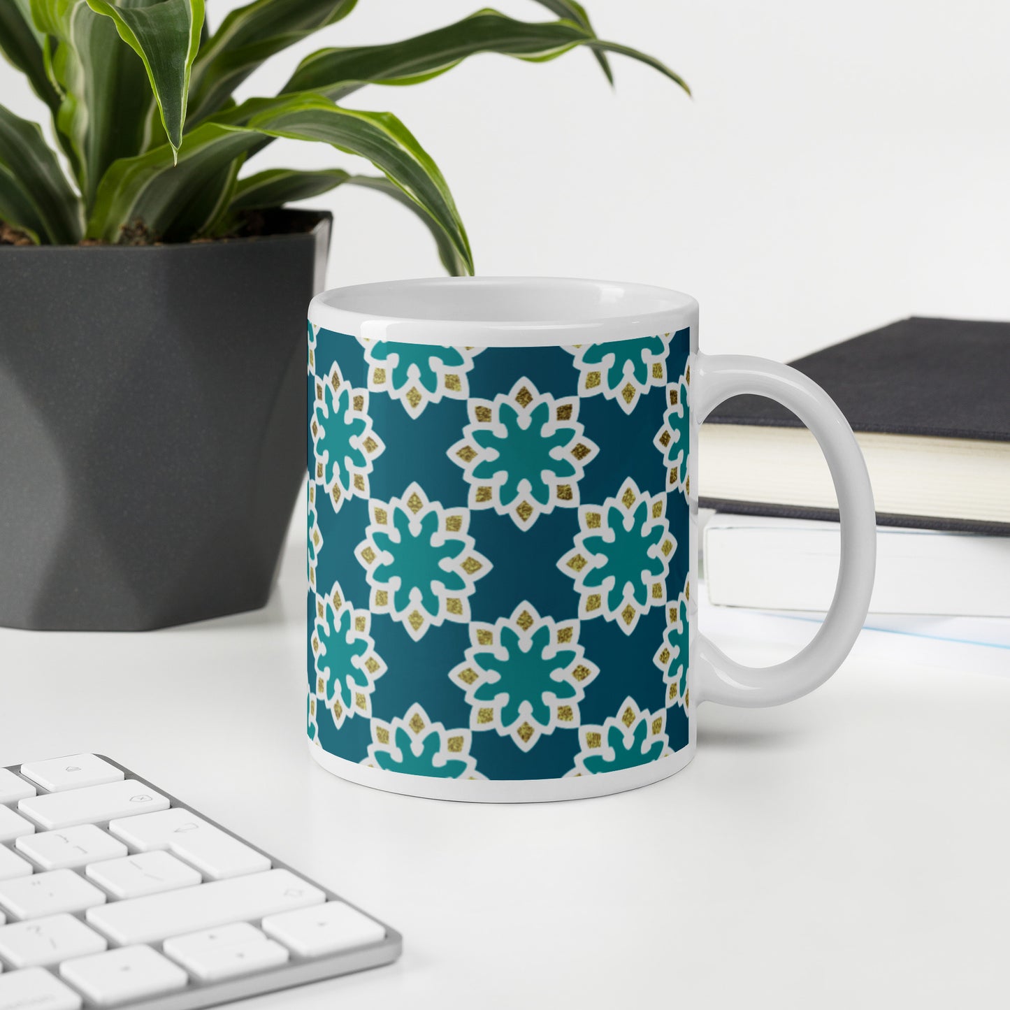White glossy mug - Arabesque Flower in Aqua and Gold