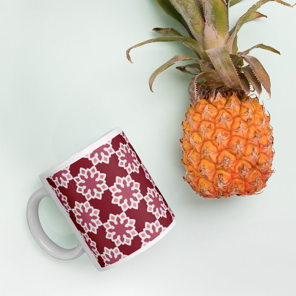 White glossy mug - Arabesque Flower in Rouge