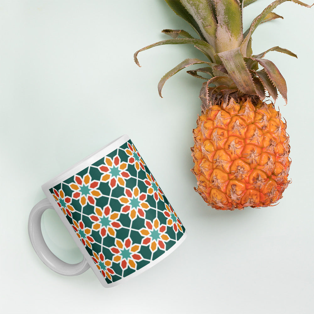 White glossy mug - Geometric Desert Daisy in Green