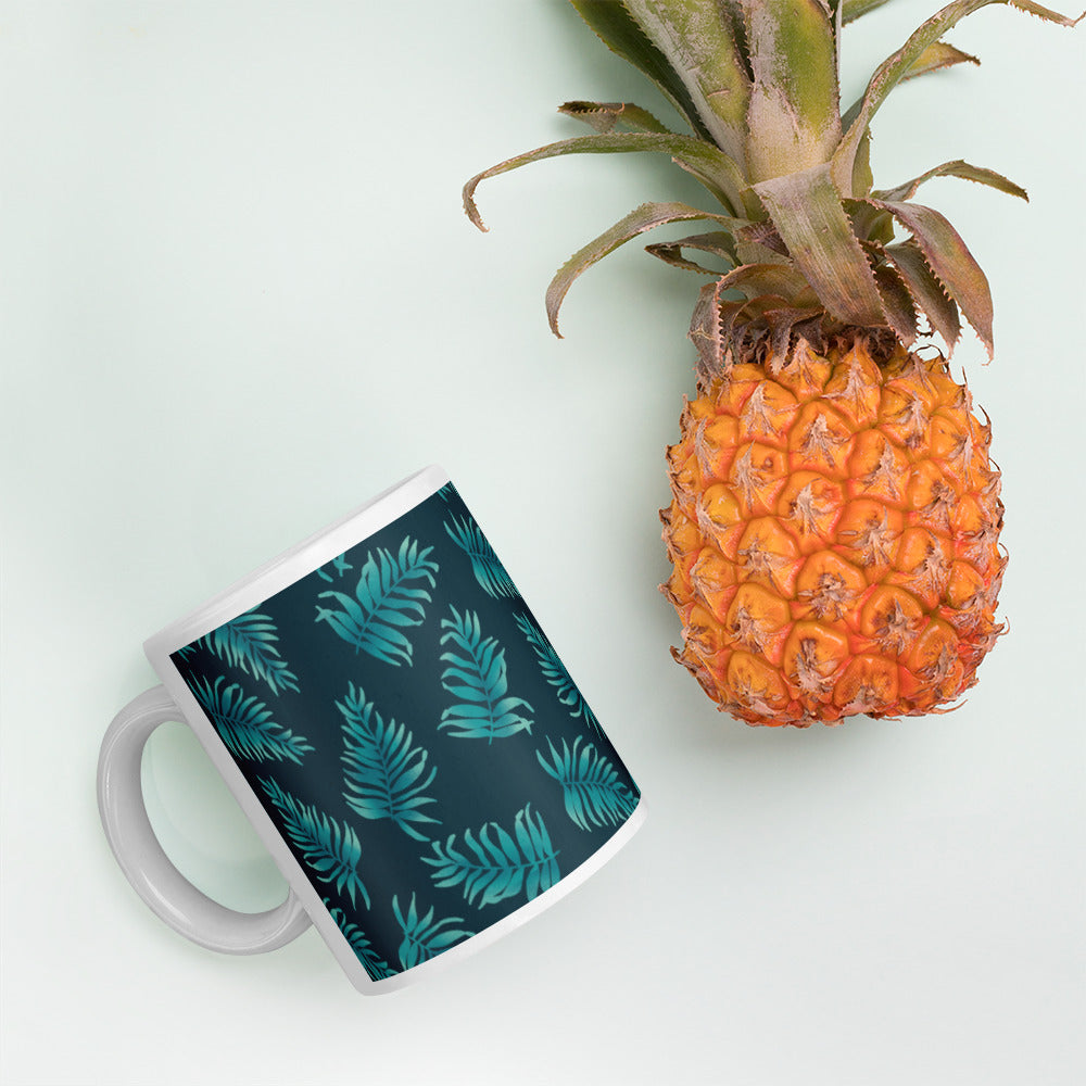 White glossy mug - Palm Leaves in Blue Ombre
