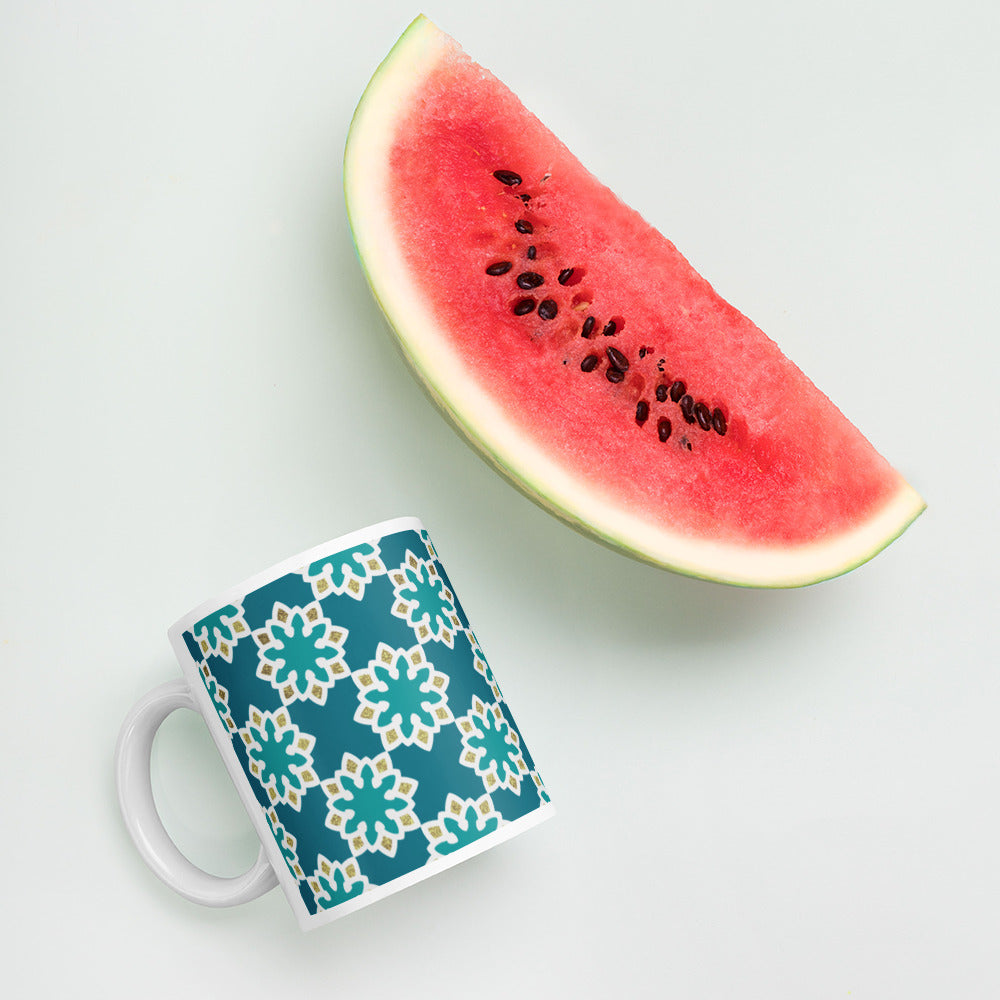 White glossy mug - Arabesque Flower in Aqua and Gold