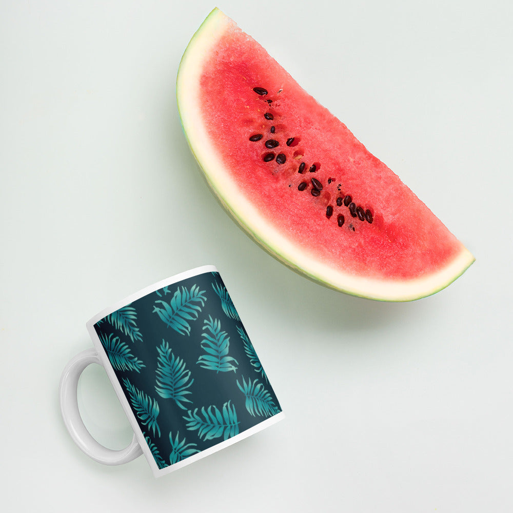 White glossy mug - Palm Leaves in Blue Ombre