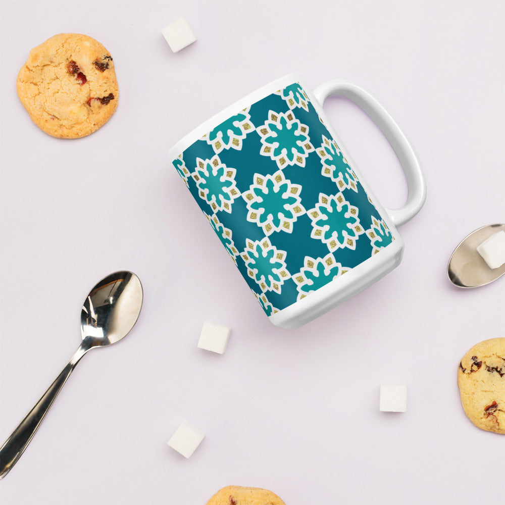 White glossy mug - Arabesque Flower in Aqua and Gold