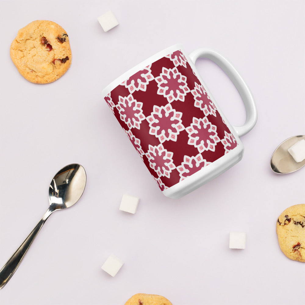 White glossy mug - Arabesque Flower in Rouge