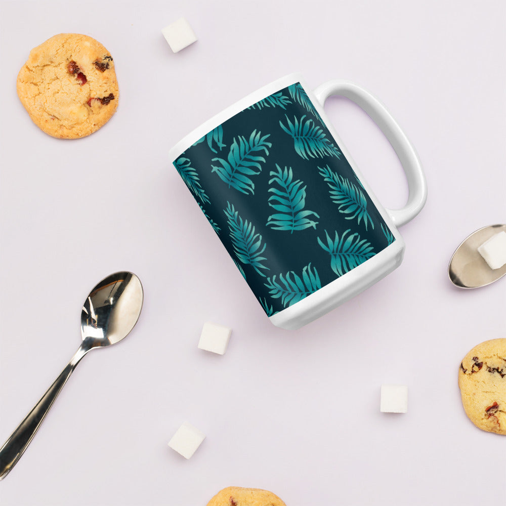 White glossy mug - Palm Leaves in Blue Ombre