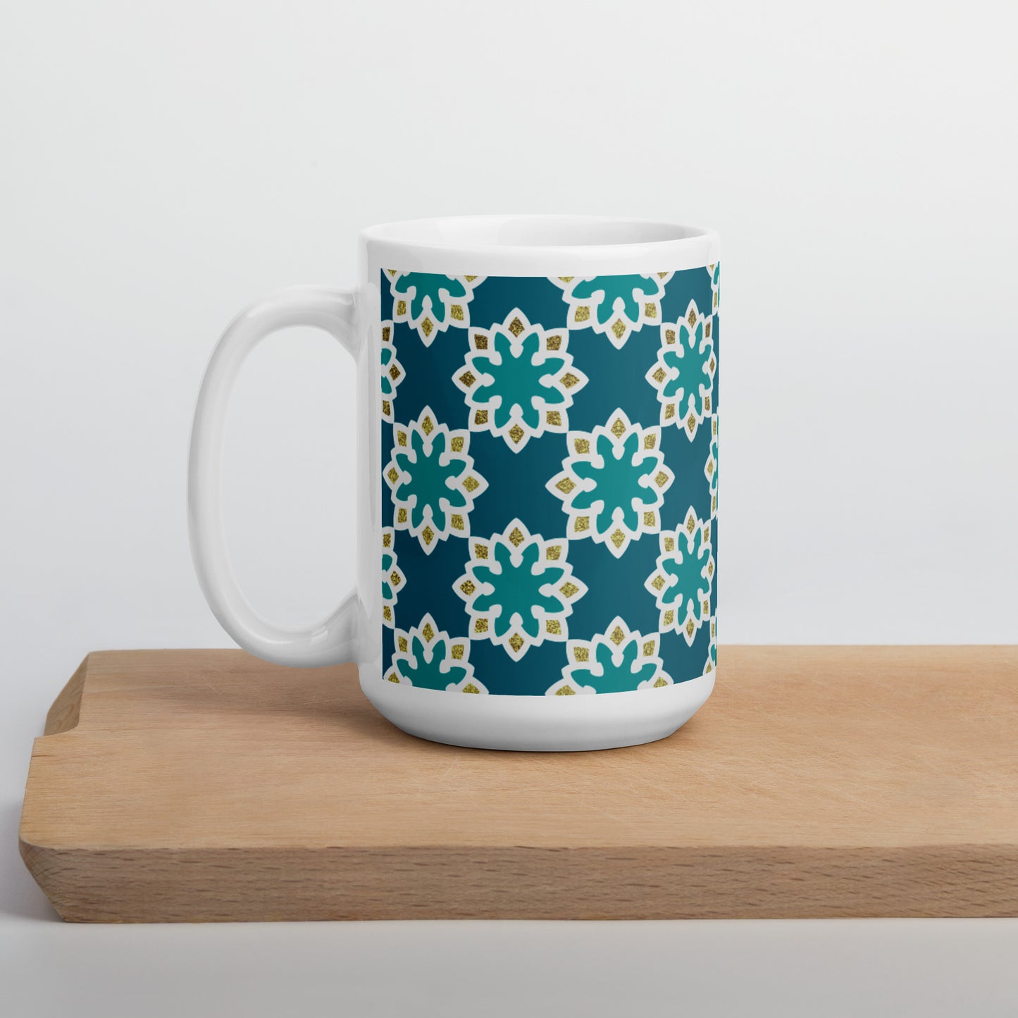 White glossy mug - Arabesque Flower in Aqua and Gold