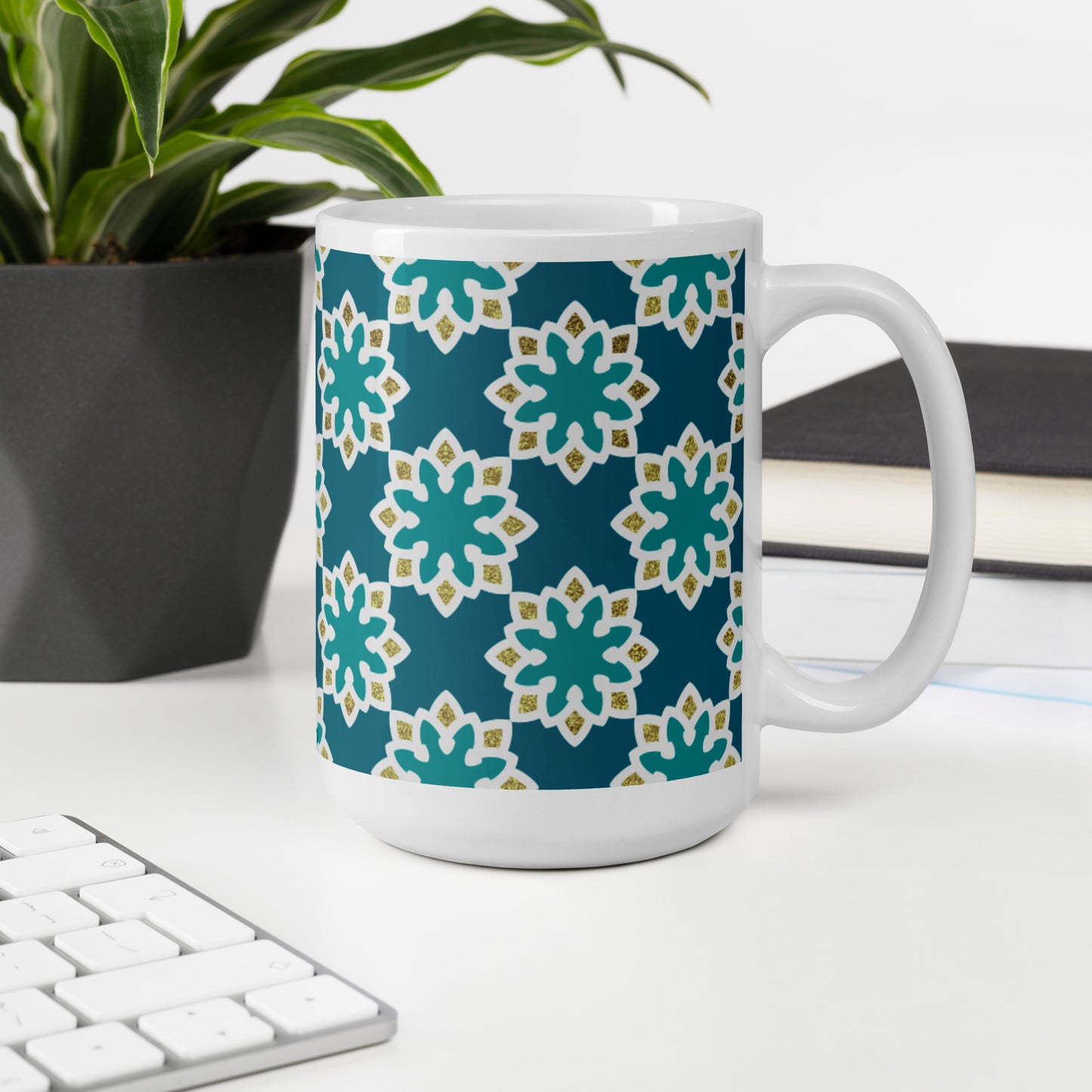 White glossy mug - Arabesque Flower in Aqua and Gold